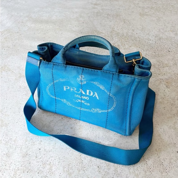 🩵 Vintage PRADA Canapa Mini Tote Bag Purse Blue - Picture 2 of 9